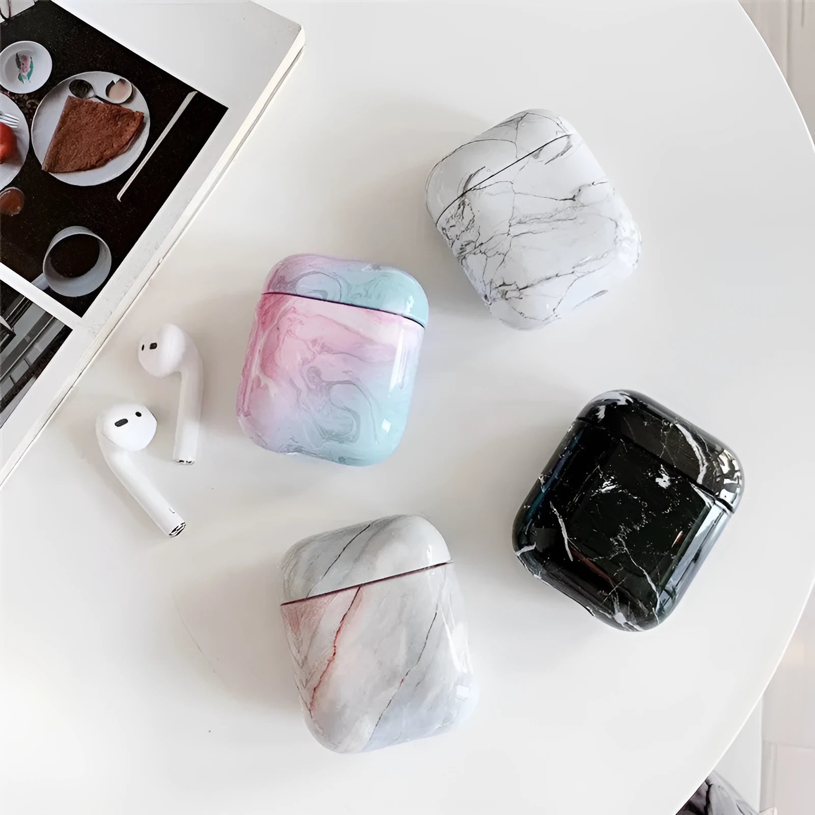 White Marble hard plastic protective case for Apple AirPods 1 and AirPods 2 wireless headset.