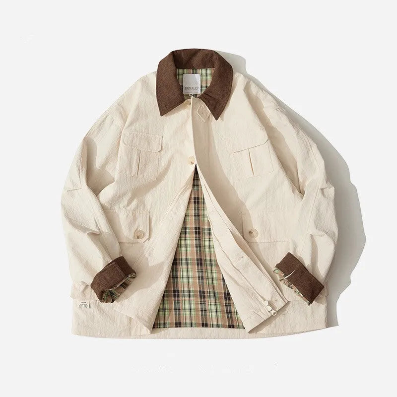 Green and apricot contrast colour casual jacket with side seam pockets and long sleeves
