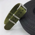 Nylon integrated watch strap in army green colour showing 20mm and 22mm width options.