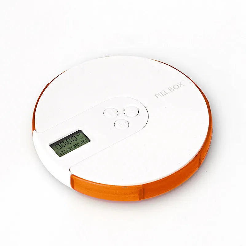 7-compartment alarm clock pill dispenser showing eight colour options with 11cm square dimensions