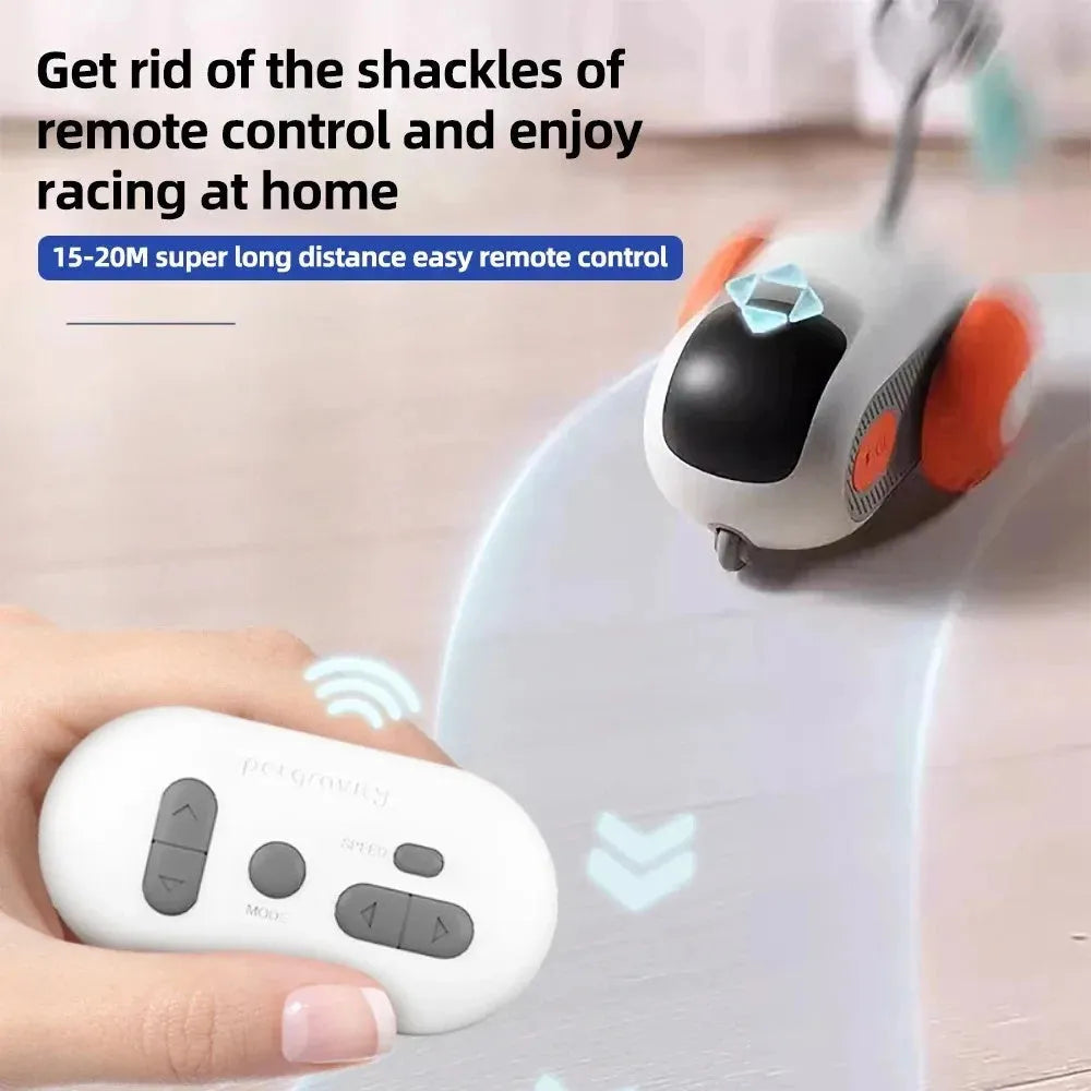 Smart cat toy car with feather teaser in blue on a white background, remote control included