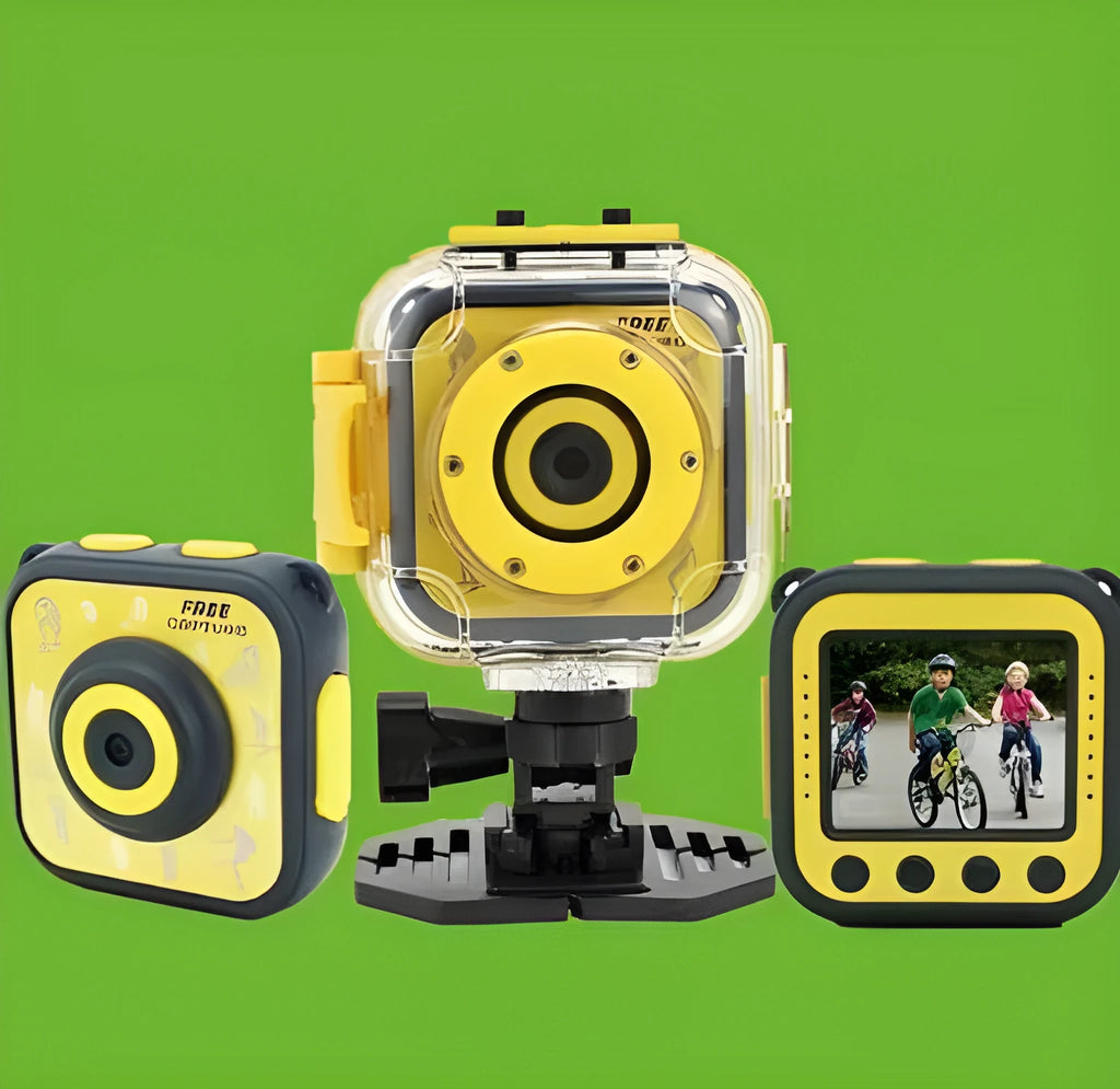 Yellow children's waterproof sports camera with 1.77 inch LCD screen and HD video capability