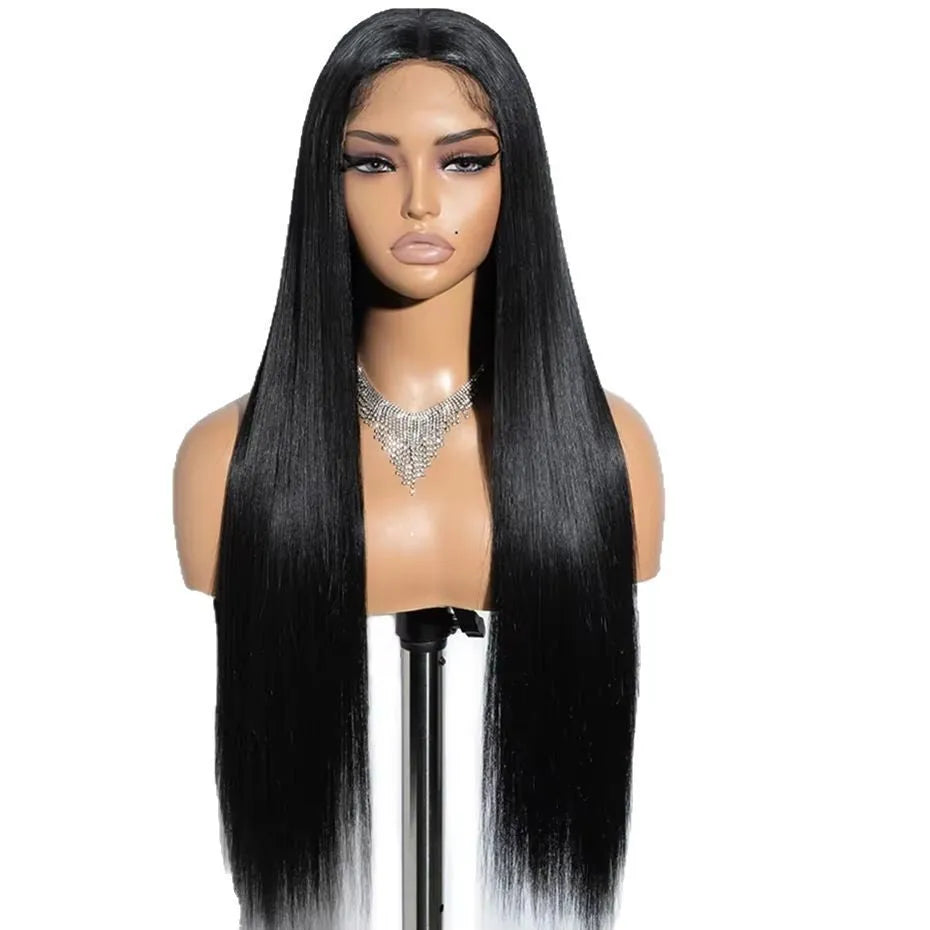 A model wearing a long, straight human hair glueless wig with side bangs.