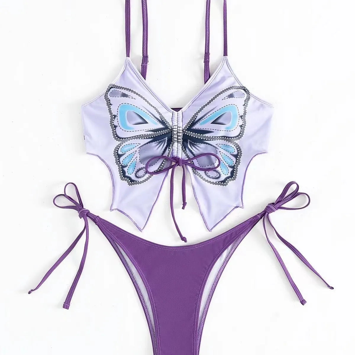 Women's purple bikini set with a bow on the front and high-cut briefs
