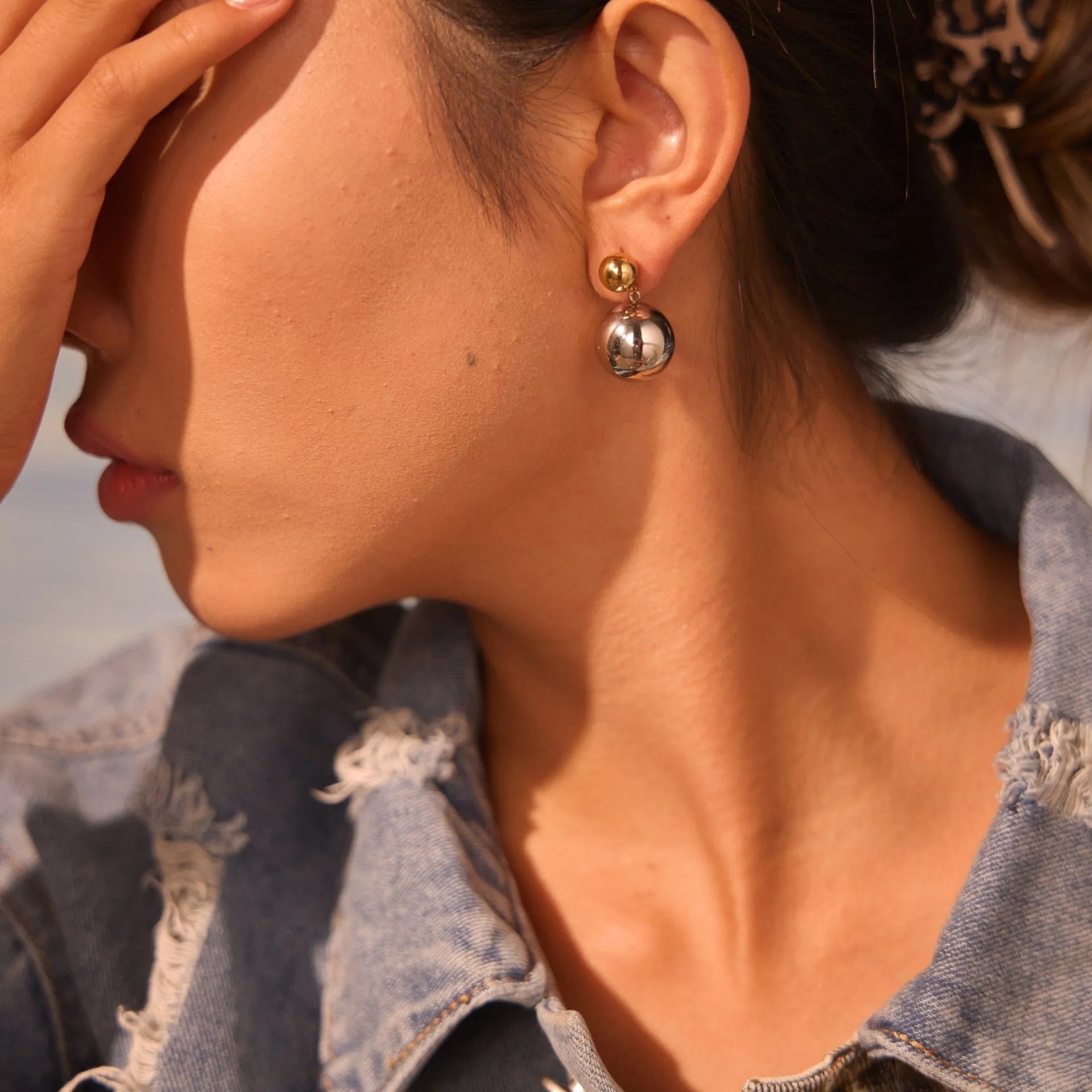 Stainless steel colour-block ear studs with round bead design and 18K electroplated finish