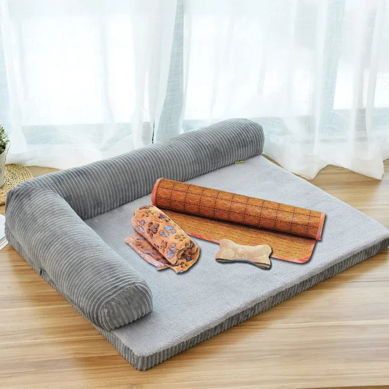 Corduroy pet sofa dog bed in grey colour with non-slip base, shown in a Large size.