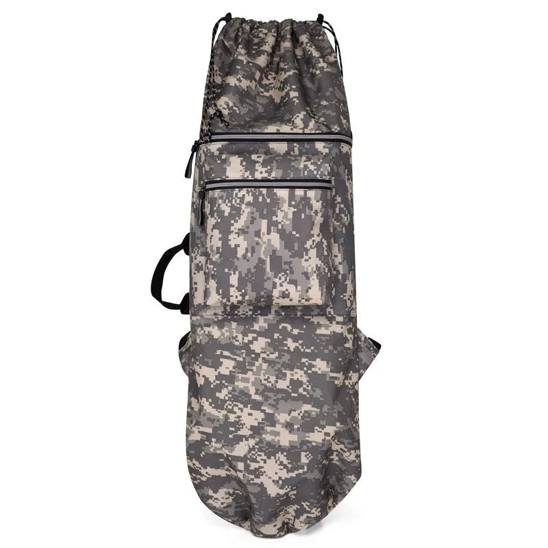 Waterproof nylon skate backpack for carrying skateboards and fishing rods, shown in khaki colour.
