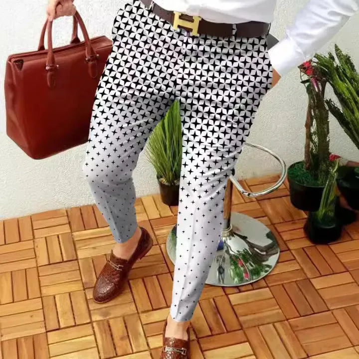 Man wearing slim-fit plaid casual trousers with a straight leg and micro-elastic fabric.