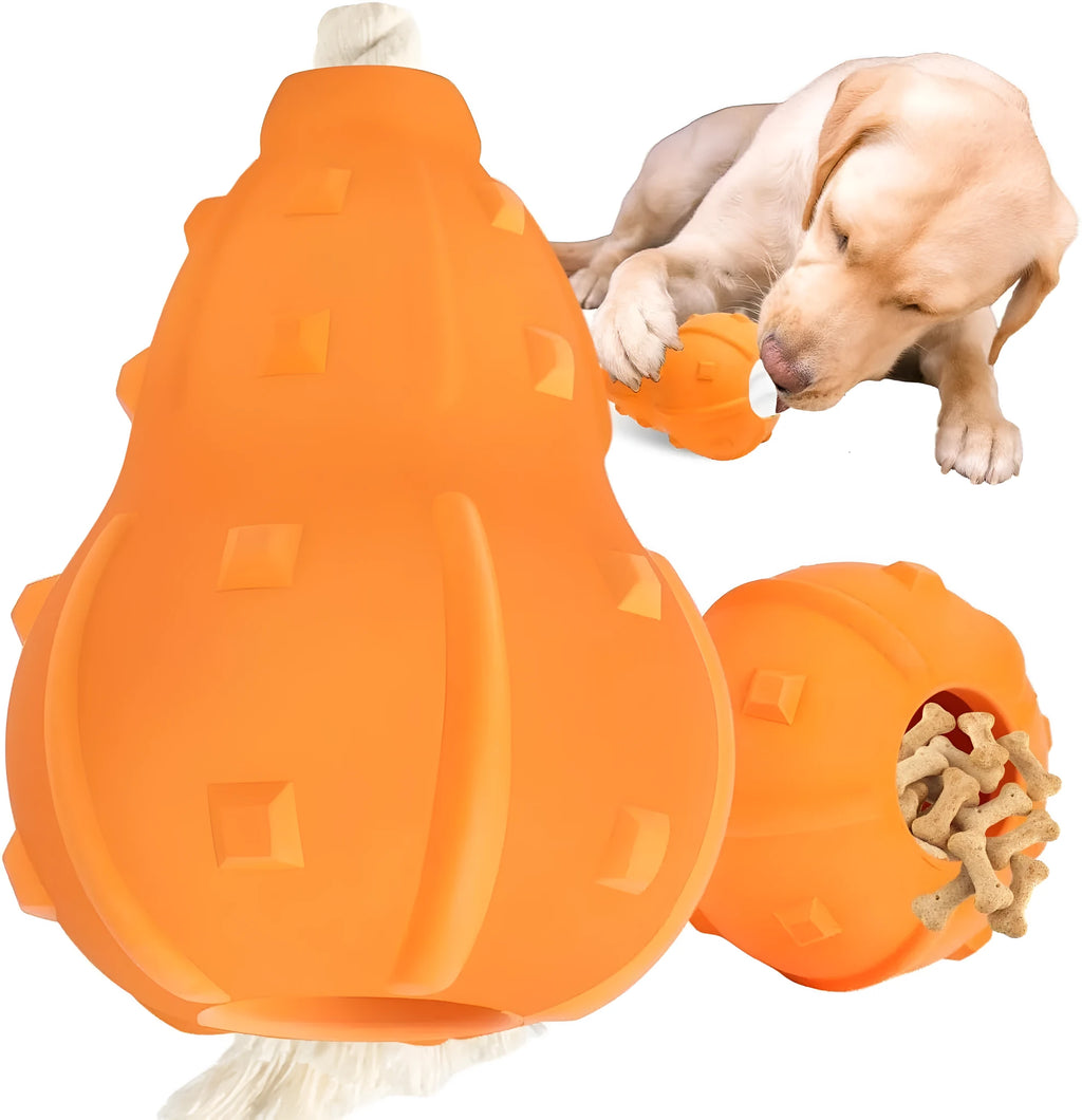Natural rubber dog chew toy with a long strap and hollow centre for treat dispensing.