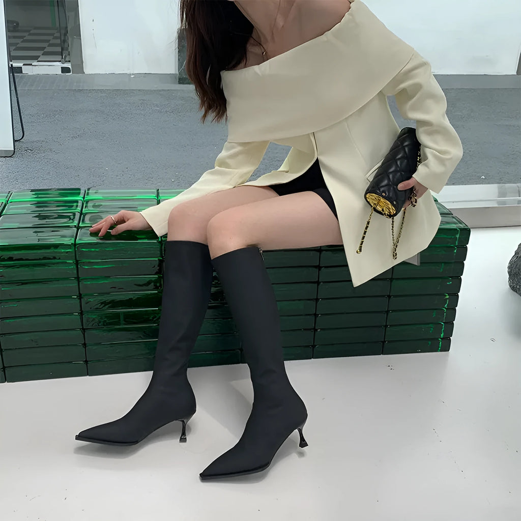 Black pointed toe stiletto heel boots with a back zipper, showing the below-the-knee shaft height.