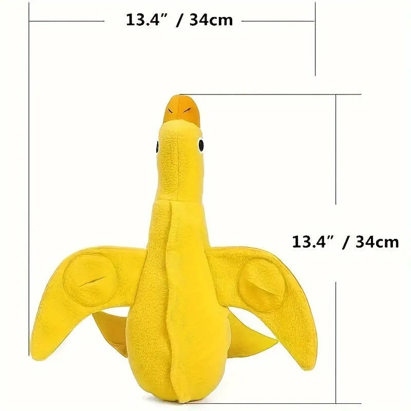 Yellow plush teddy duck dog training toy with squeaker and treat dispensing compartment.