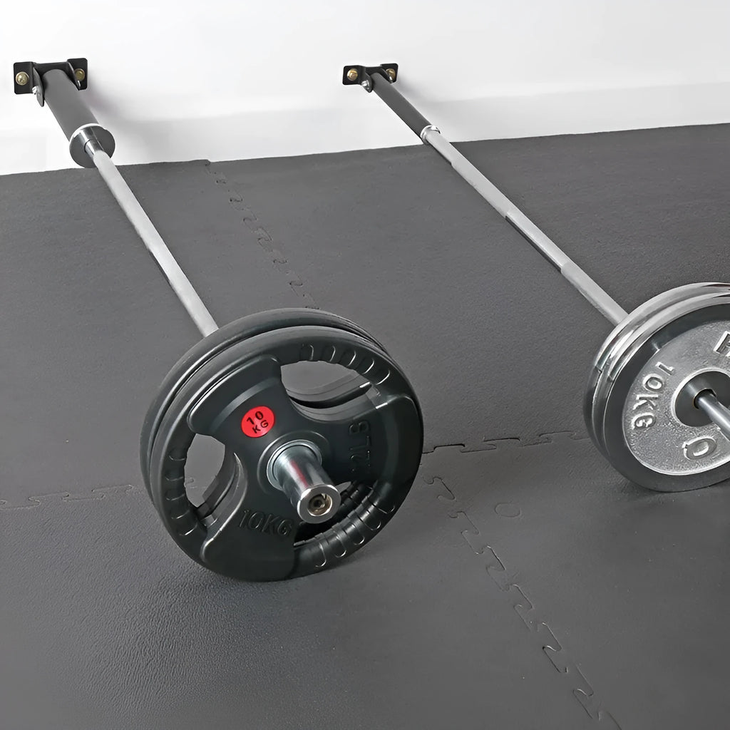 Wall-mounted steel barbell rod rack with 25 tubes, includes expansion screws for installation