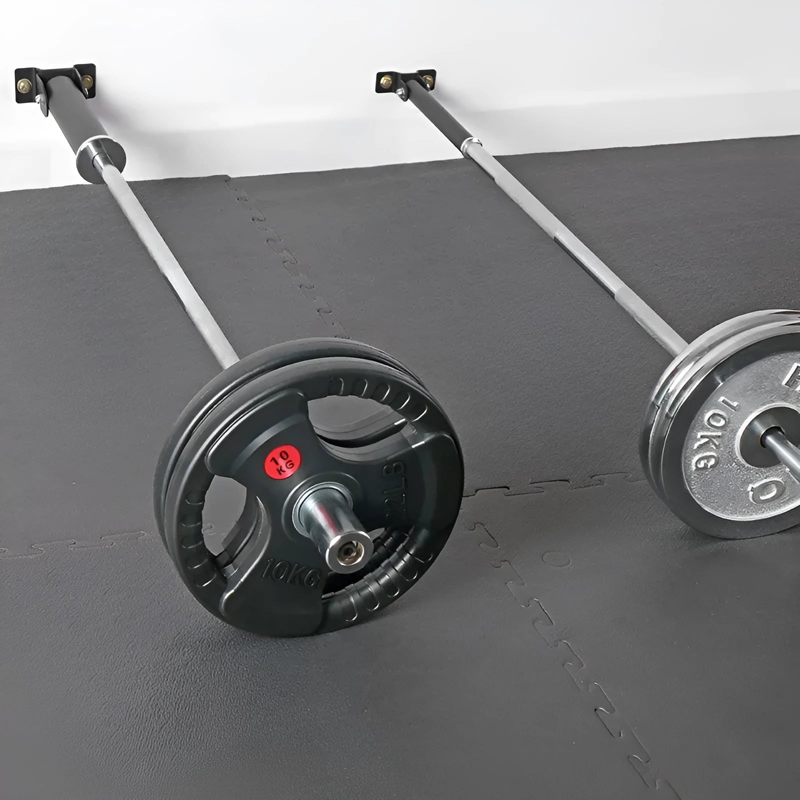 Wall-mounted steel barbell rod rack with 25 tubes, includes expansion screws for installation