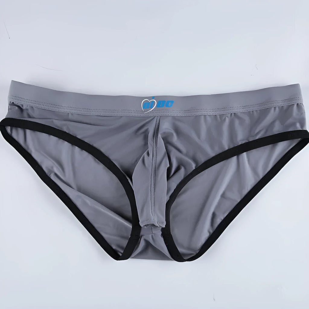 Men's ice silk briefs in army green colour showing mid waist design and bullet separation pouch.