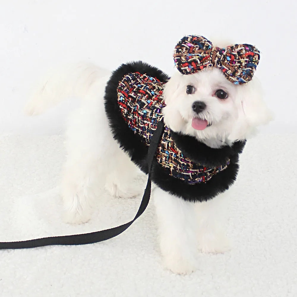 Classic style dog cloak chest strap hand holding rope cloth lead with beret design for small to large dogs