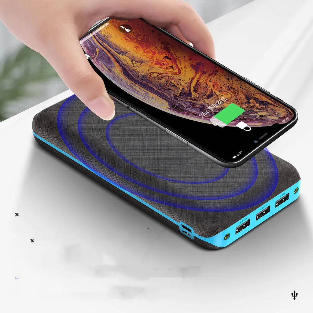 Qi wireless solar power bank with 3 USB outputs and LED flashlight in black plastic shell