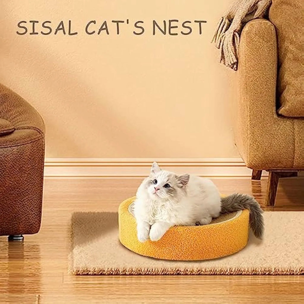 Yellow round sisal cat scratching board with concave centre, dimensions 390mm.