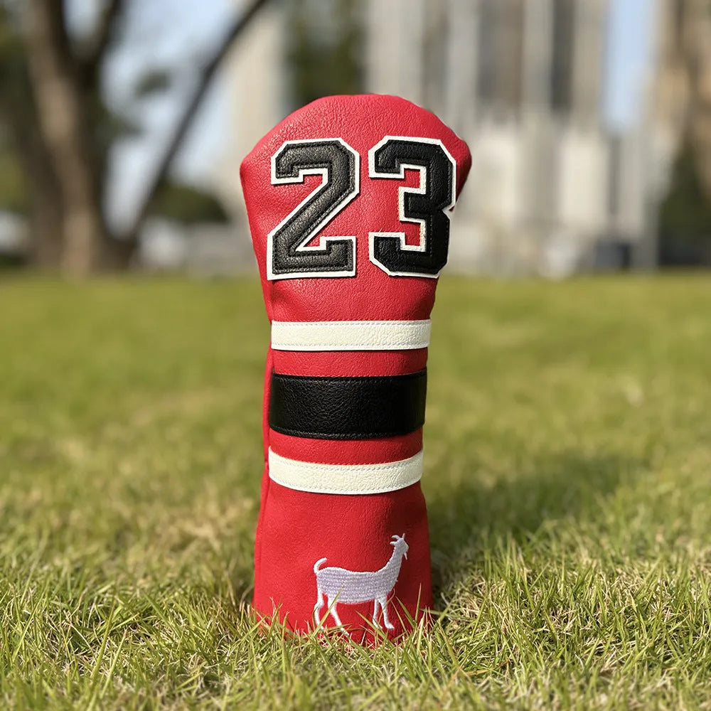 Set of PU golf club head covers in various colours including red, black, white, and yellow sleeves for woods and a square putter