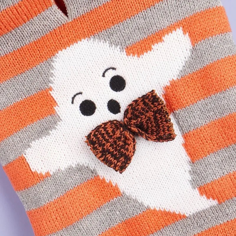 Halloween knitted cold-proof contrast colour striped hooded fur ball pet sweater in orange for dogs and cats