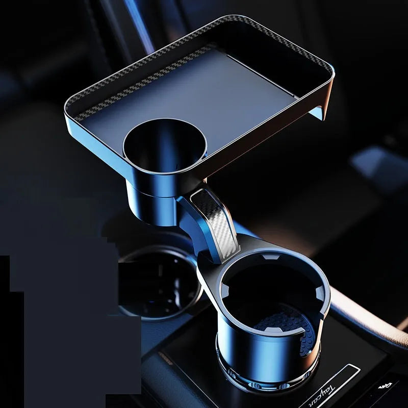 Black ABS plastic car-mounted rotating dinner tray holder attached to vehicle cup holder