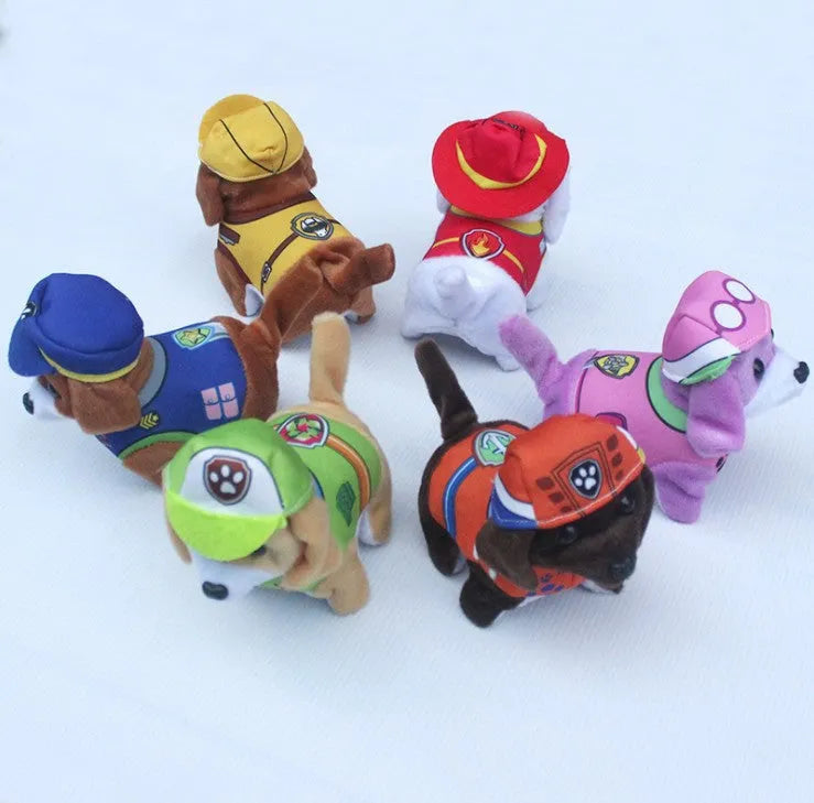 Electric musical plush dog in purple with walking rope and musical notes, 13x7x14cm