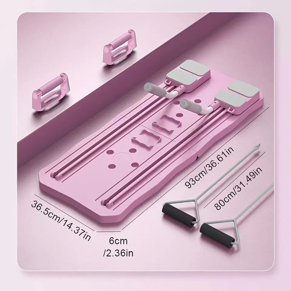 Pink and blue multifunctional supine board with wheel for home abdominal exercises.