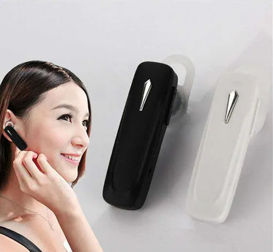 M163 black and white Bluetooth car headset with control buttons for calls and music.