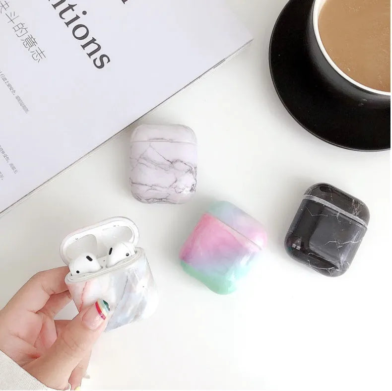 White Marble hard plastic protective case for Apple AirPods 1 and AirPods 2 wireless headset.
