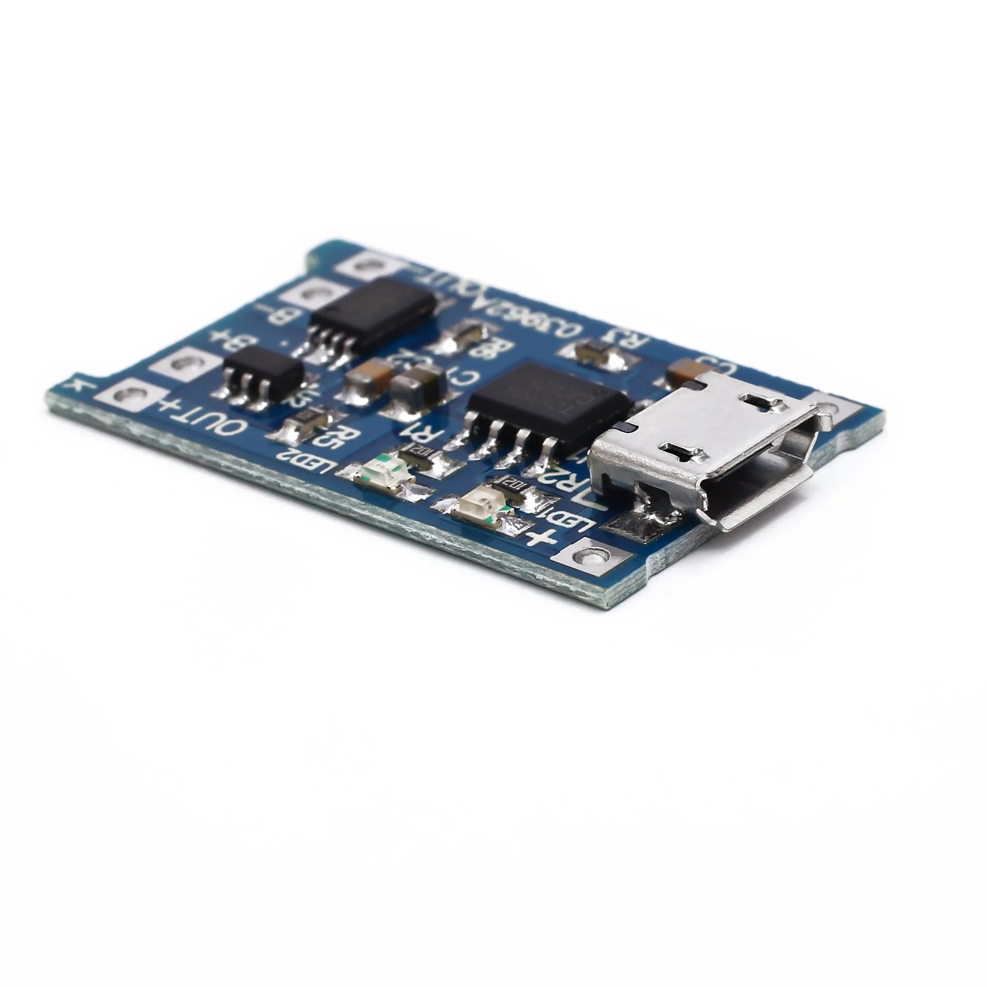 Blue PCB lithium battery charging protection board for 18650 cells with USB input