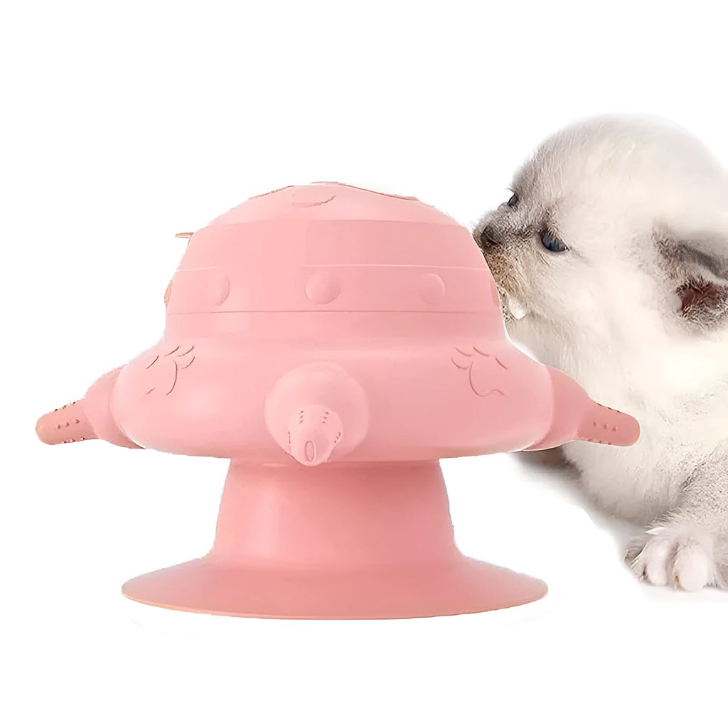 Pink silicone pet nursing bottle with bionic breast-shaped pacifier on a flat base, with three additional pacifiers.