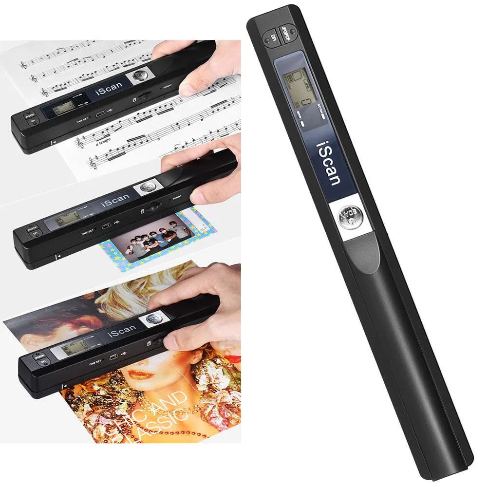 A handheld USB scanner with a plastic body shown in multiple colour options: black, blue, green, red, and silver.