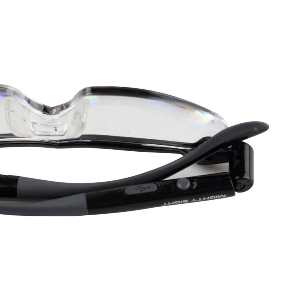 Transparent black reading glasses with integrated LED light in frame