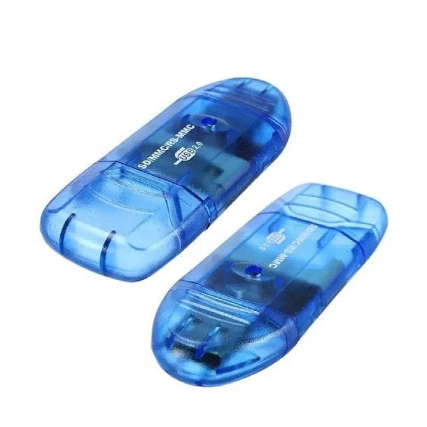 Transparent plastic USB card reader with a clear housing showing internal components.