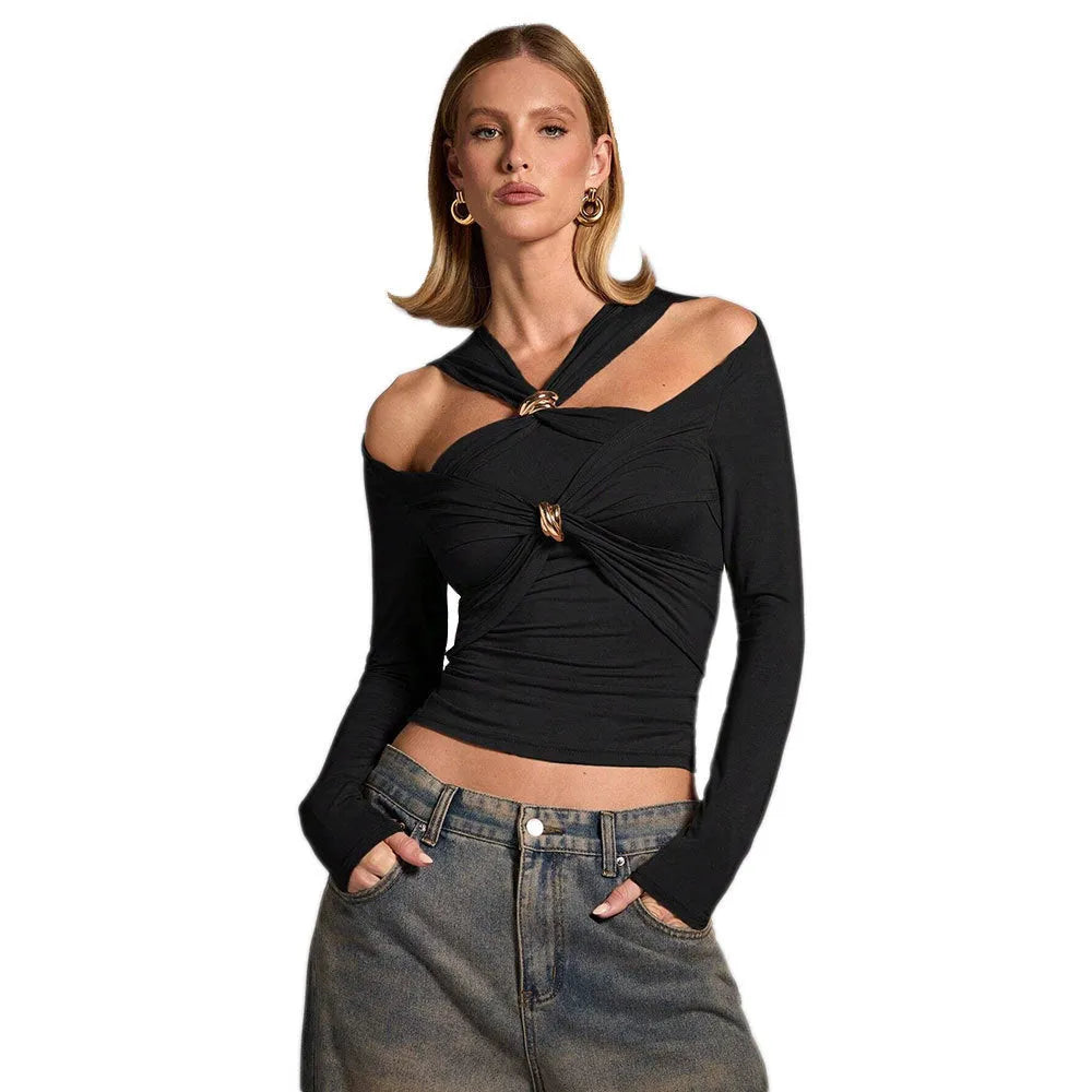 Black women's slim fit halter top with long sleeves and a strapless neckline.