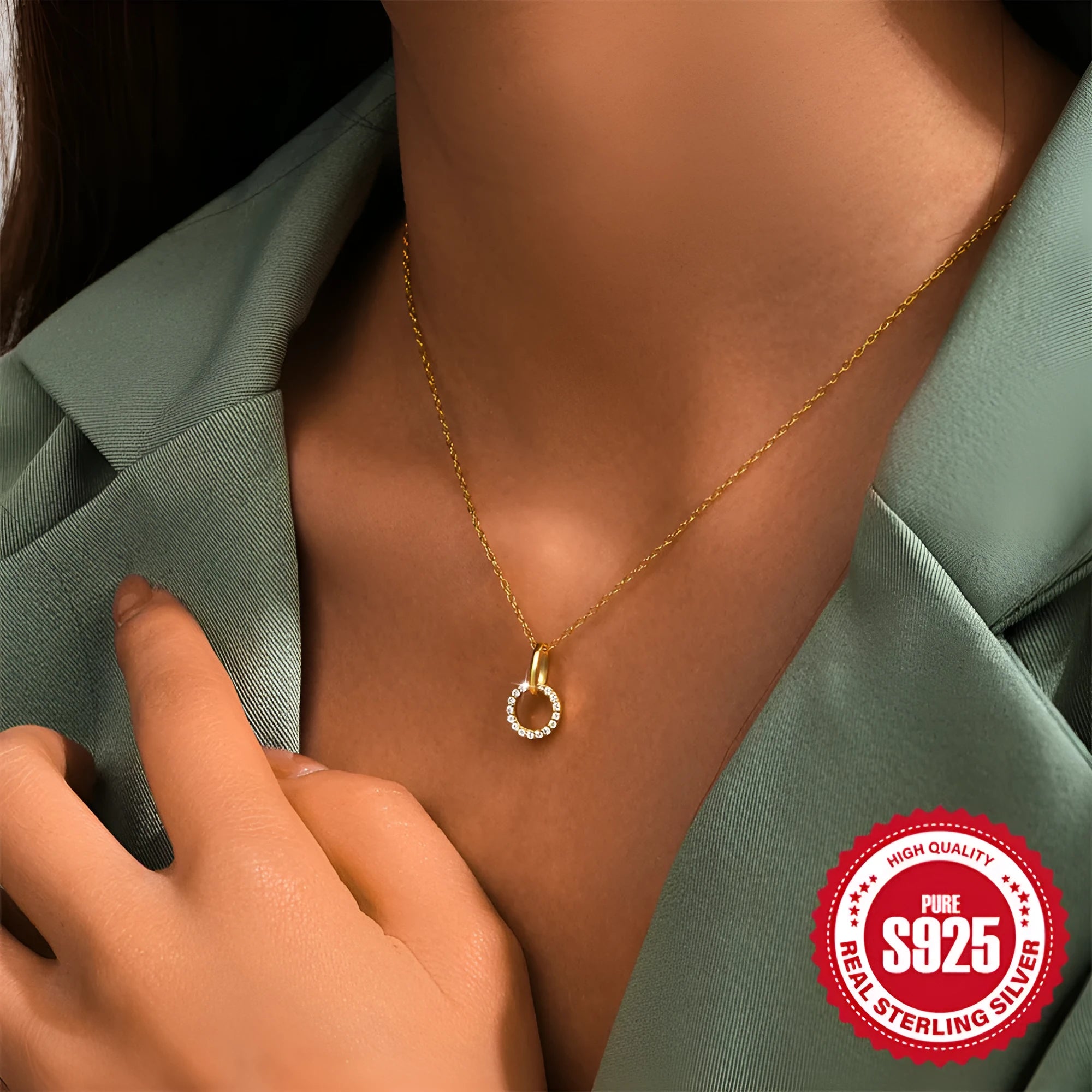 S925 sterling silver gold clavicle chain necklace with micro inlaid zircon pendant for women