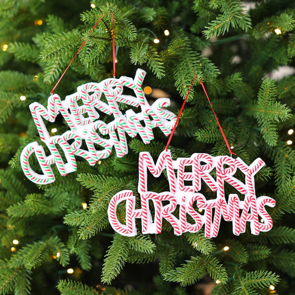 Polymer clay Christmas tree ornament with Merry Christmas letter plate, red and white colour, 8cm height