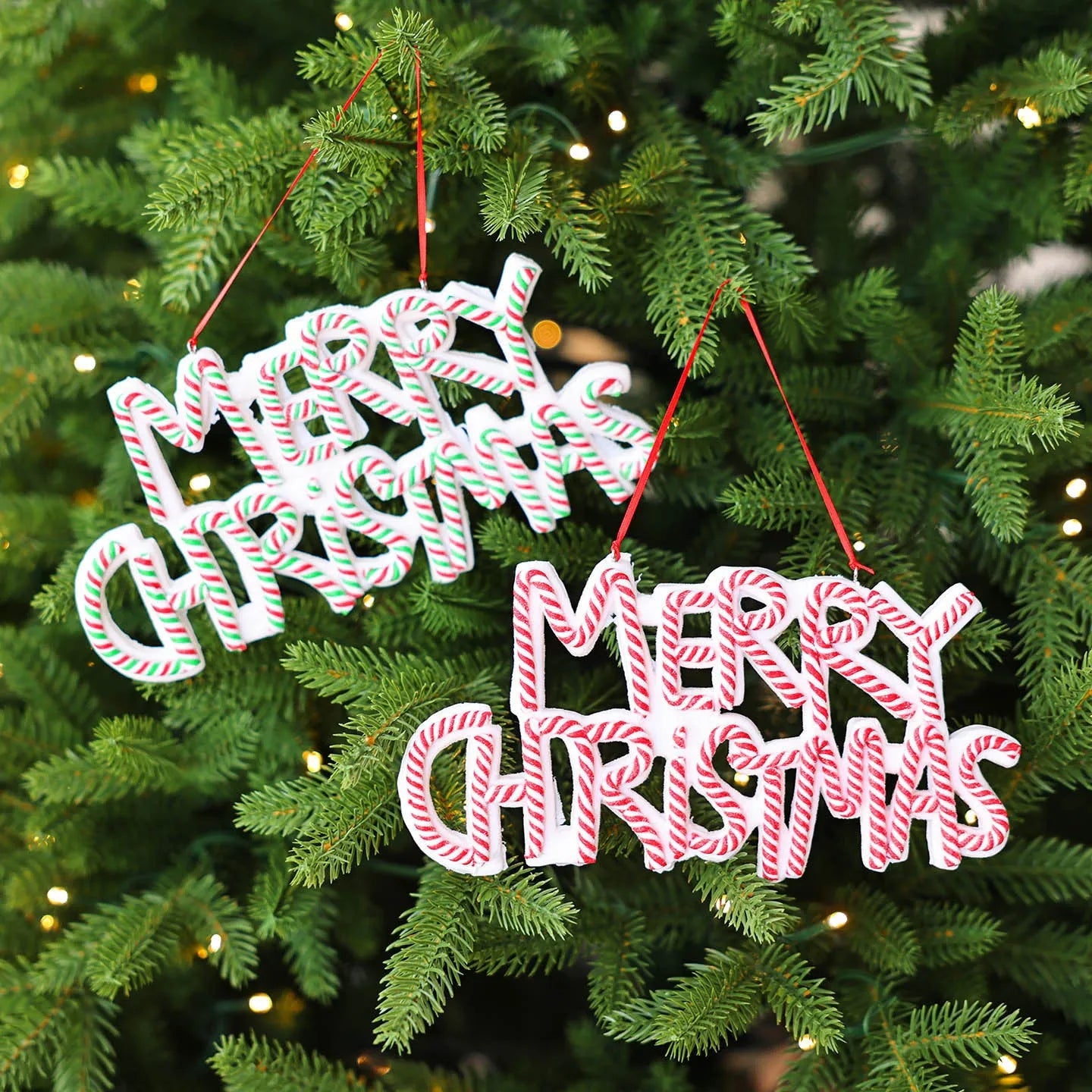 Polymer clay Christmas tree ornament with Merry Christmas letter plate, red and white colour, 8cm height