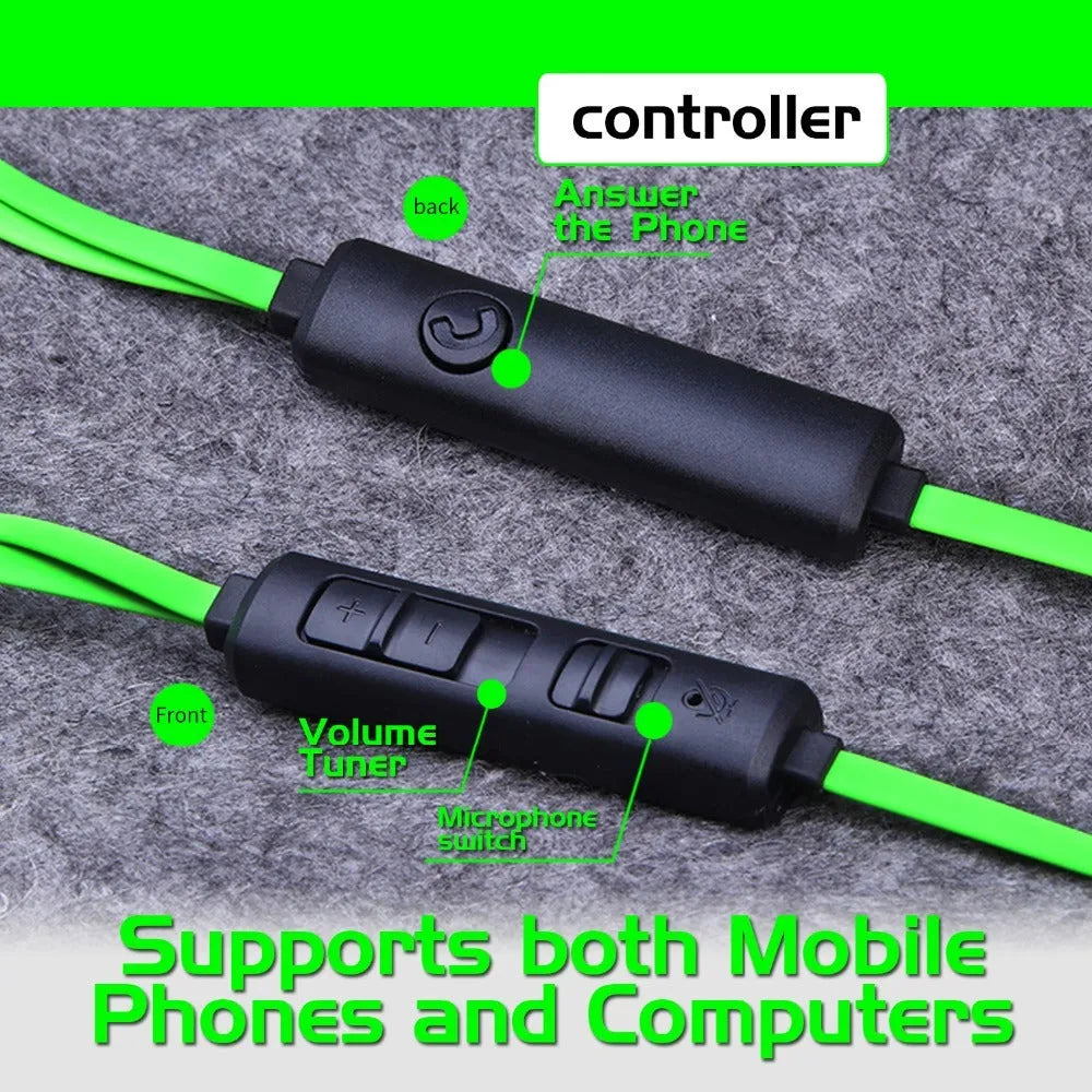 Shuangmai wired in-ear gaming headset with 1.5 cm cable in black, green, and red colours