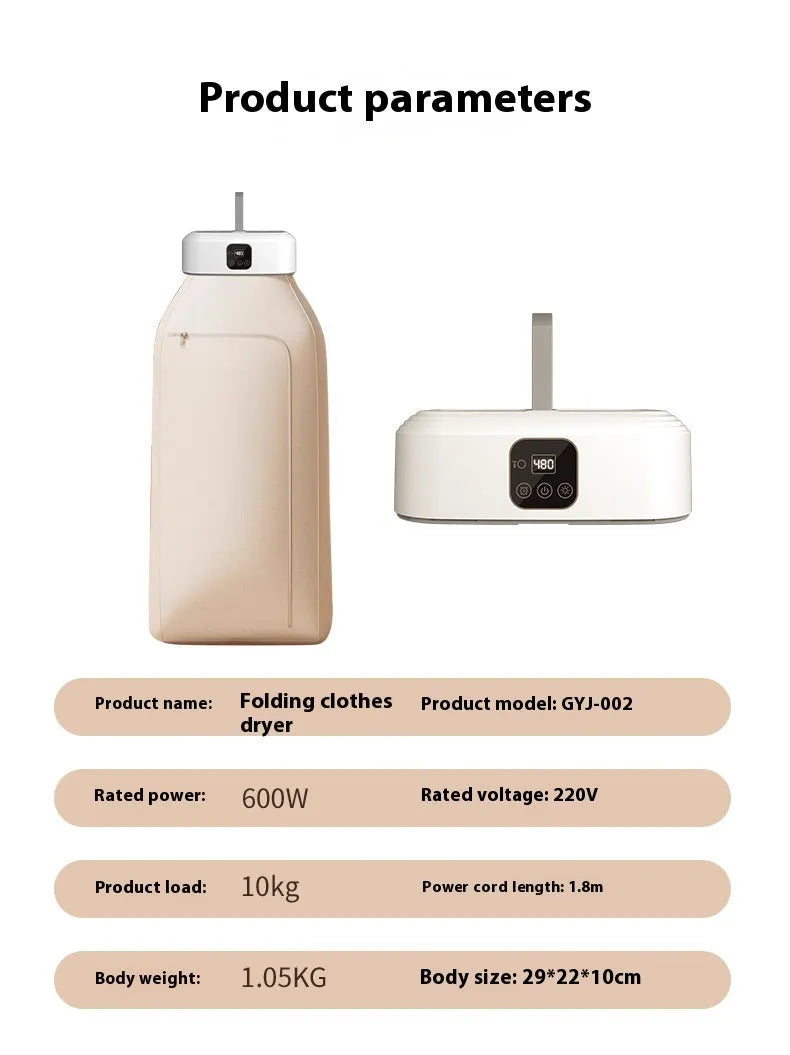 White cylindrical remote control laundry dryer with foldable design for compact storage