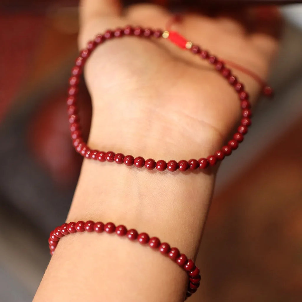 Natural raw ore cinnabar bracelet with purple gold sand design, geometric shape, and auspicious patterns, Chinese style