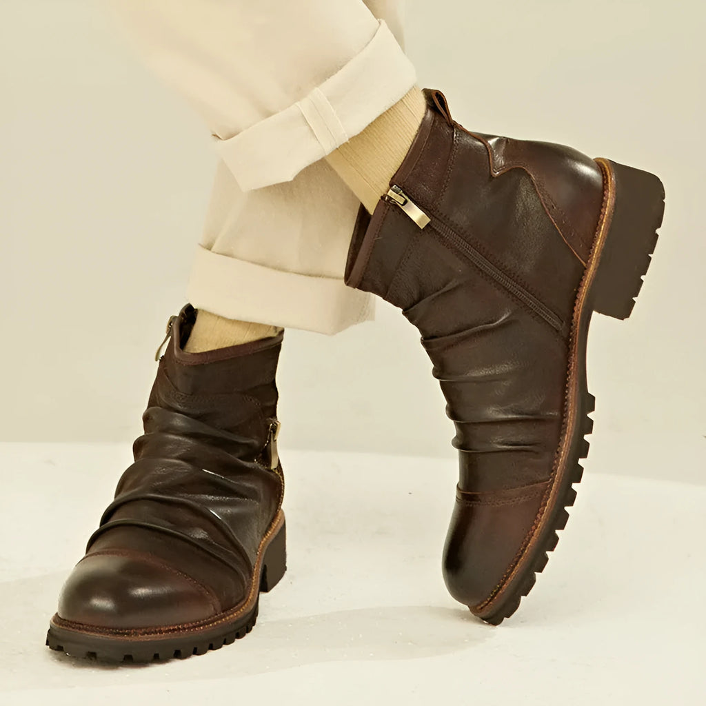 Black PU leather cowboy boots with side zipper and a mid-level heel.