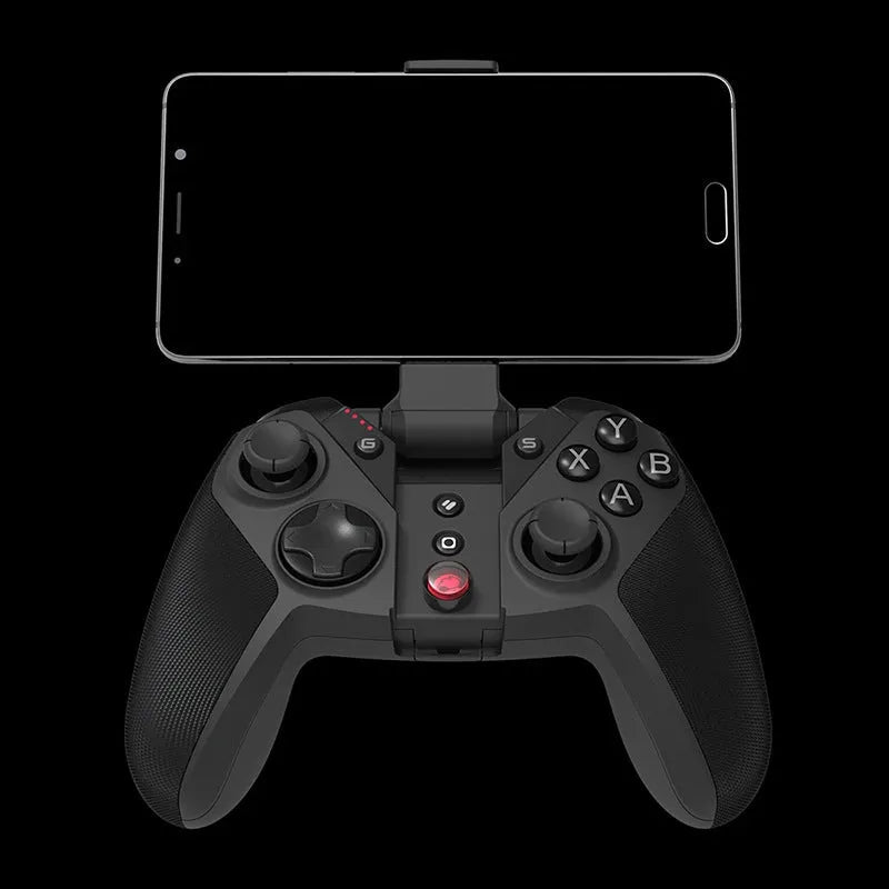 Black game controller with a unique chicken-shaped handle and a USB Type-C cable.