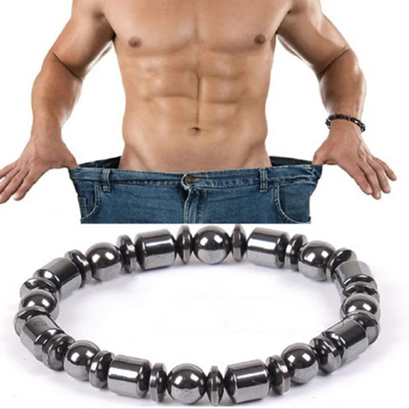 Black pentagram stone magnetic therapy bracelet with a stretch band for men and women.
