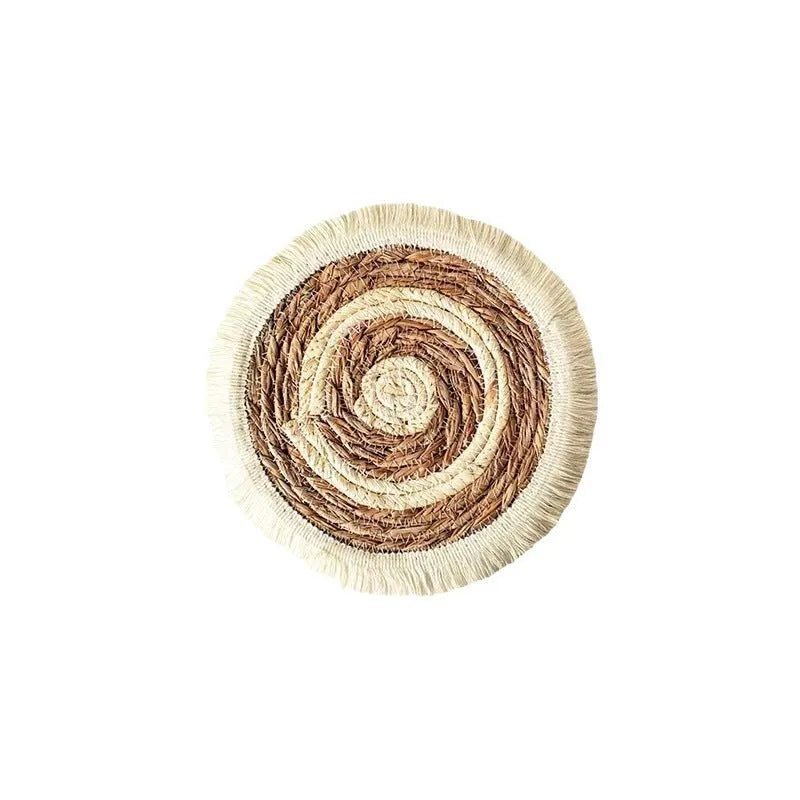Round Japanese straw placemat with corn rope tassel edge in natural papyrus material