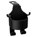 Black plastic car seat back organiser with a cup holder and a hook.