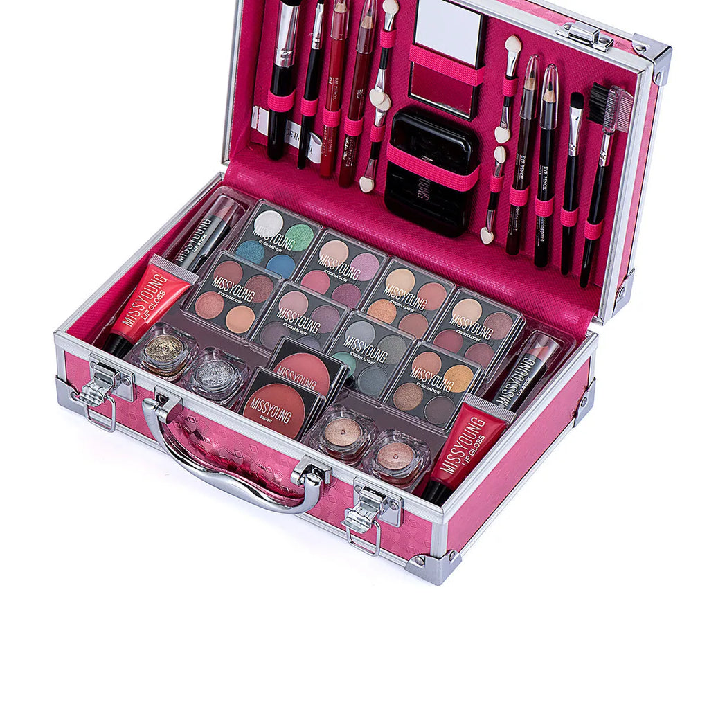 Creative Colorful Eyeshadow Lipstick Cosmetics Set in pink and silver, including lipstick, eyeshadow, and brush in a compact case