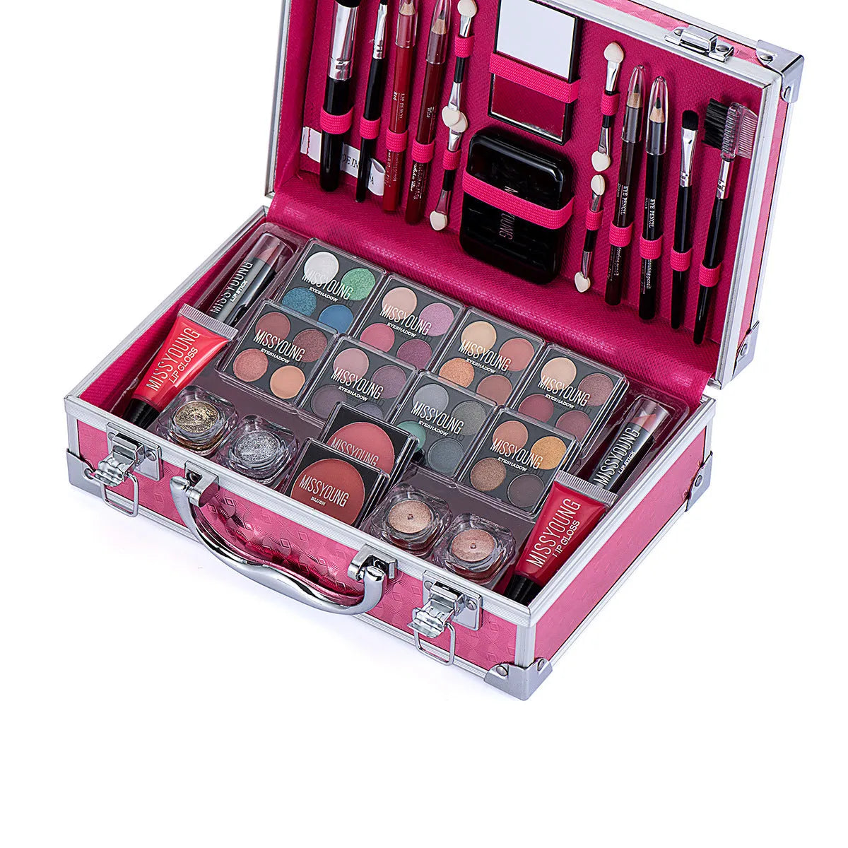Creative Colorful Eyeshadow Lipstick Cosmetics Set in pink and silver, including lipstick, eyeshadow, and brush in a compact case