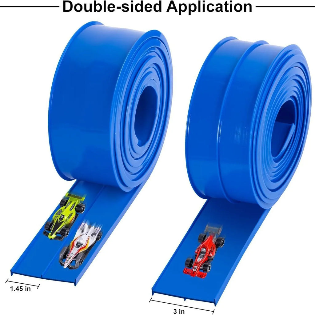 DIY double rail PVC soft track set with anti-gravity magnetic assembly, blue option, includes two random colour cars, 1100g