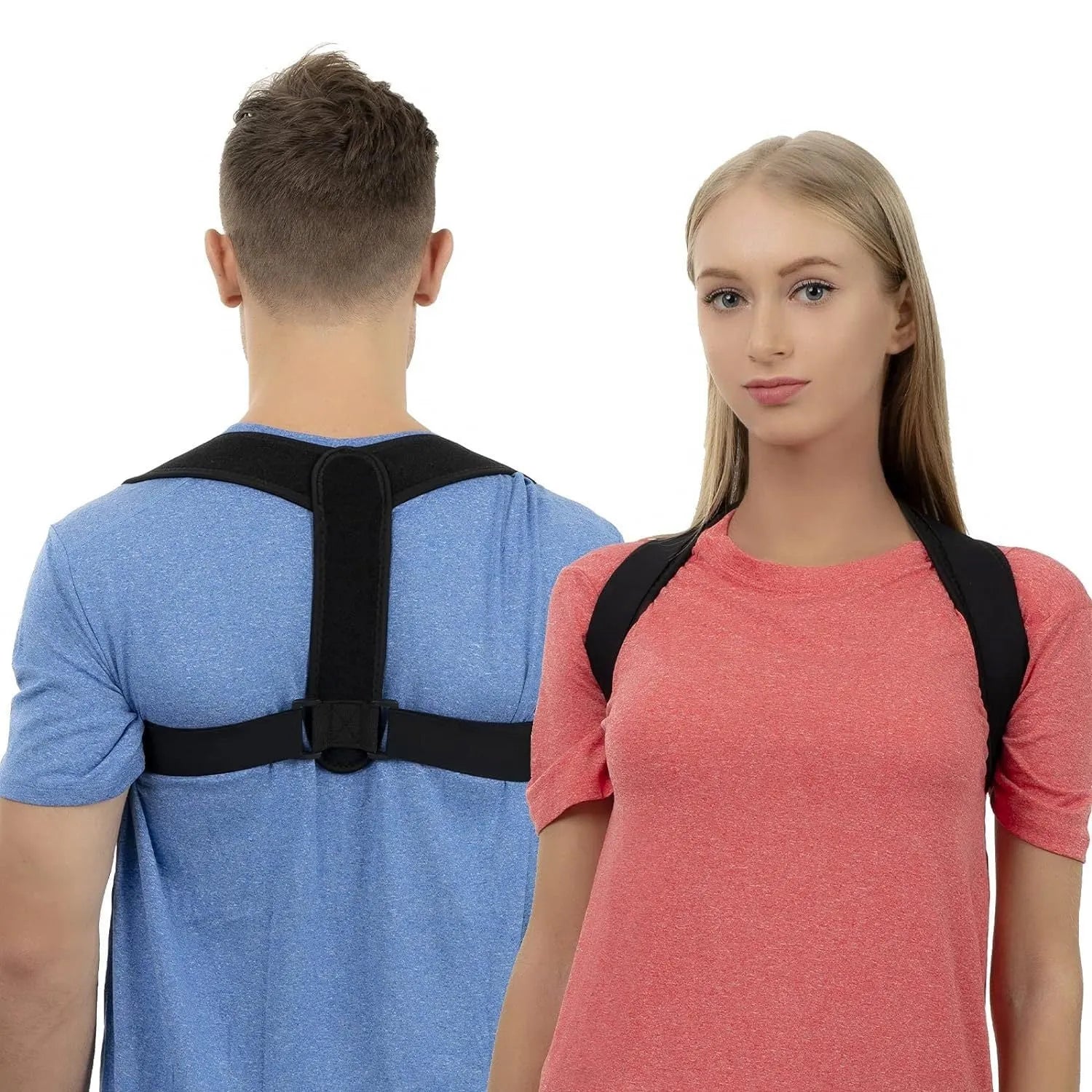 Black adjustable posture correction strap laid flat, showing its breathable material and adjustment mechanism.