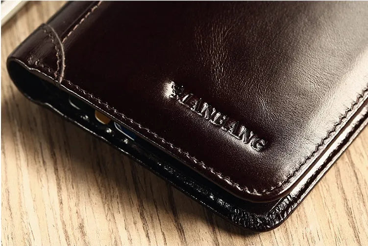 Men's leather wallet showing multiple internal compartments including card slots and change purse